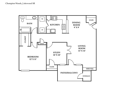 Floor plan for 2 beds, 1 bath, 1009 sqft